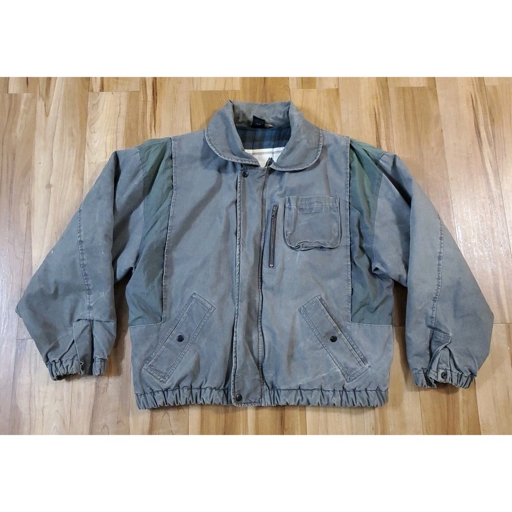 Vtg‎ TRAITS David Peyser Green Gray Bomber Jacket Sz L Plaid Lined Distressed